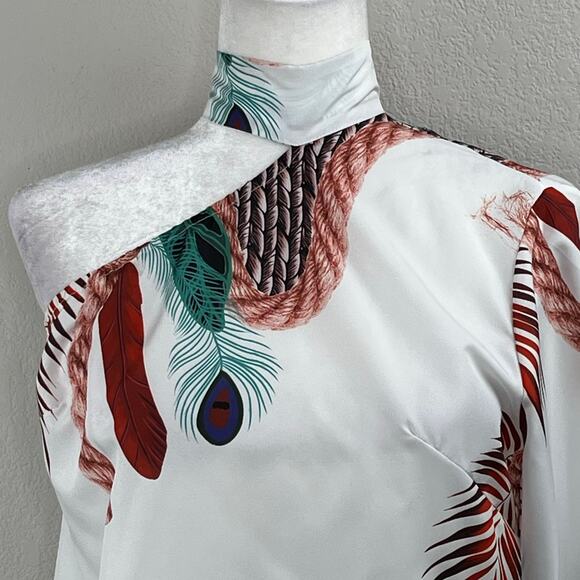 White Green Multi Peacock Asymmetric One Shoulder High Neck Mini Shift Dress M/L - Picture 4 of 12
